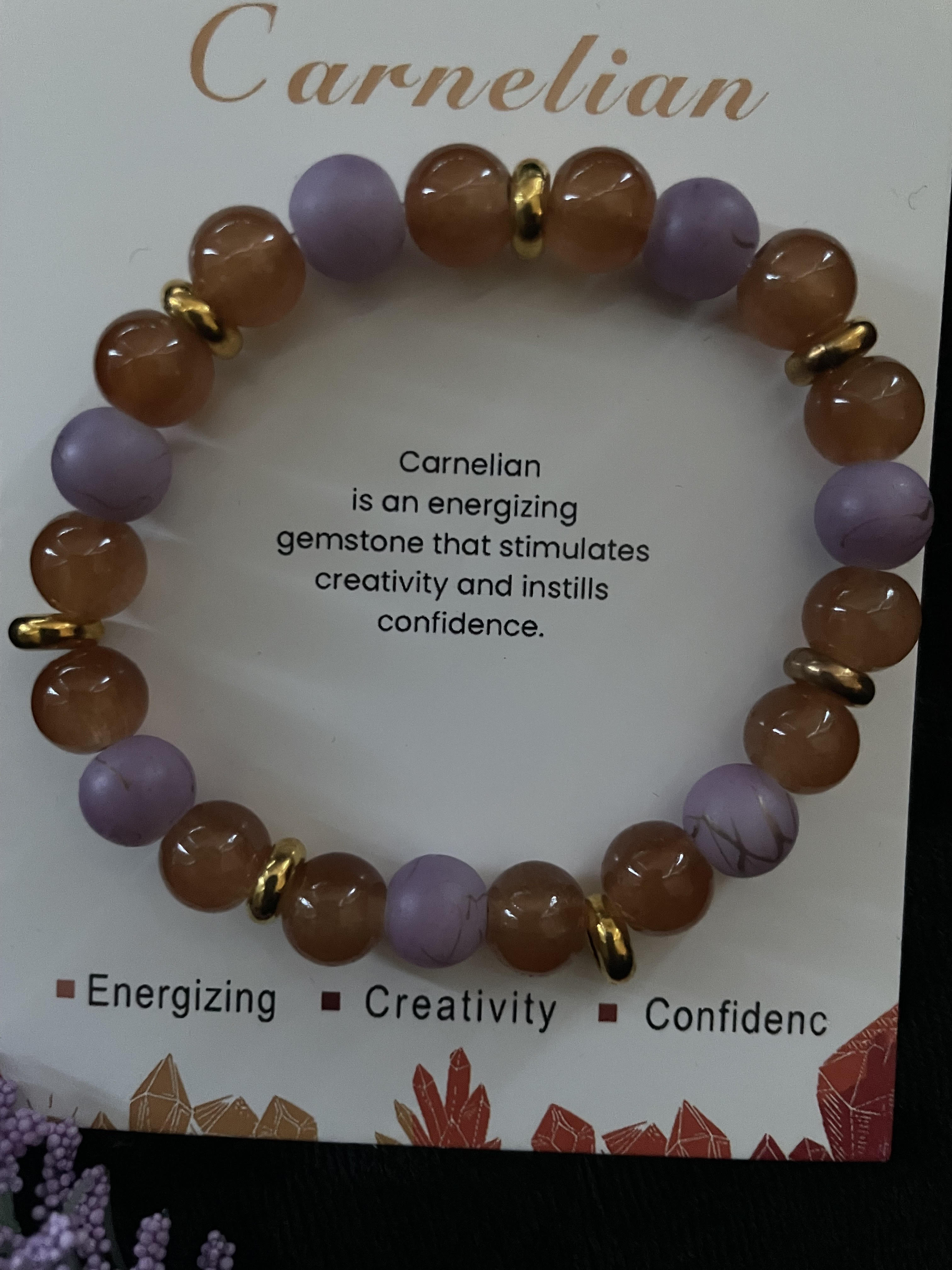 GOLDEN CARNELIAN AND LAVENDER NATURAL STONE HEALING STRETCH BRACELET:  medium