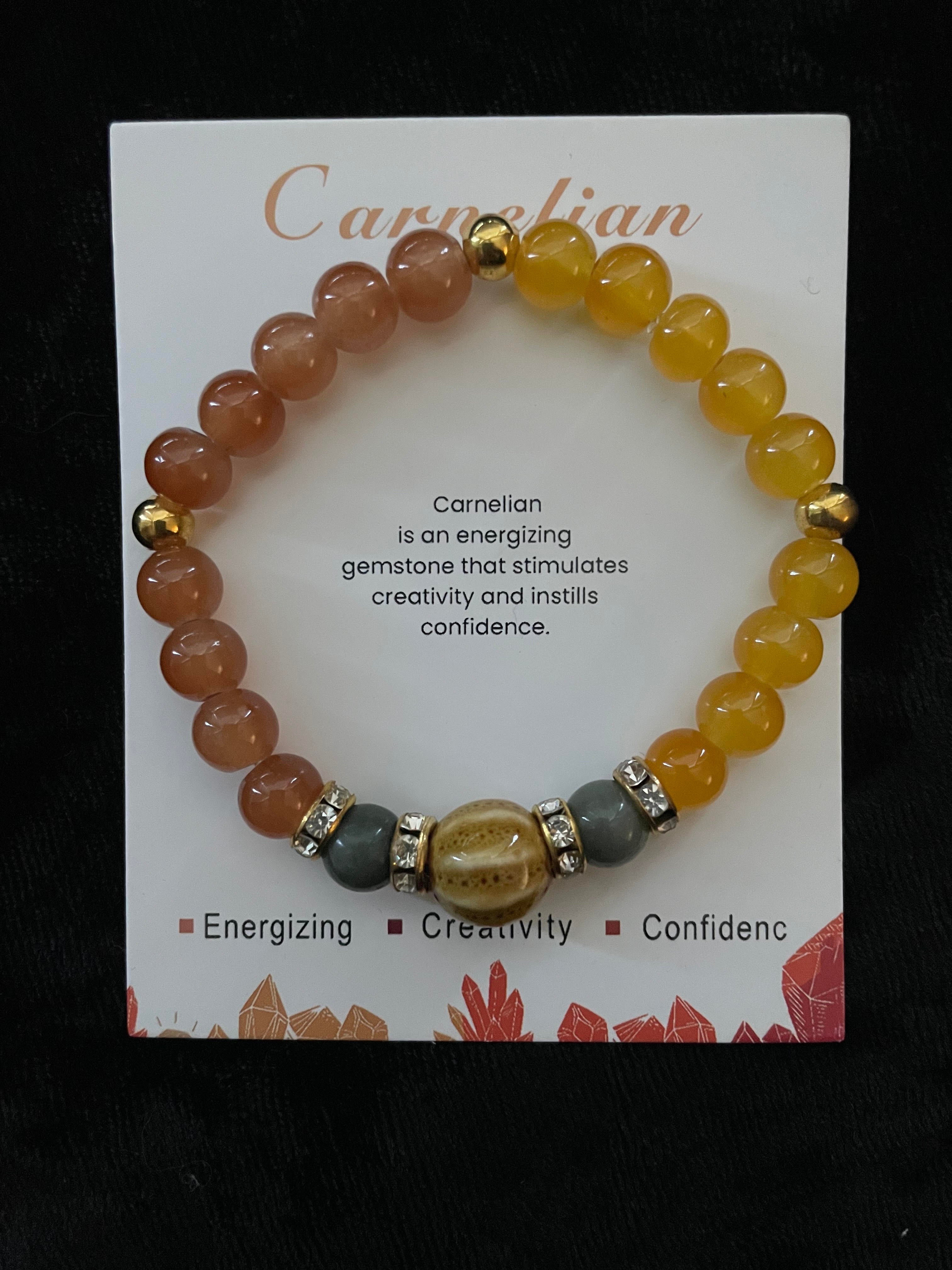 YELLOW AND GOLD CARNELIAN NATURAL STONE HEALING STRETCH BRACELET:  medium