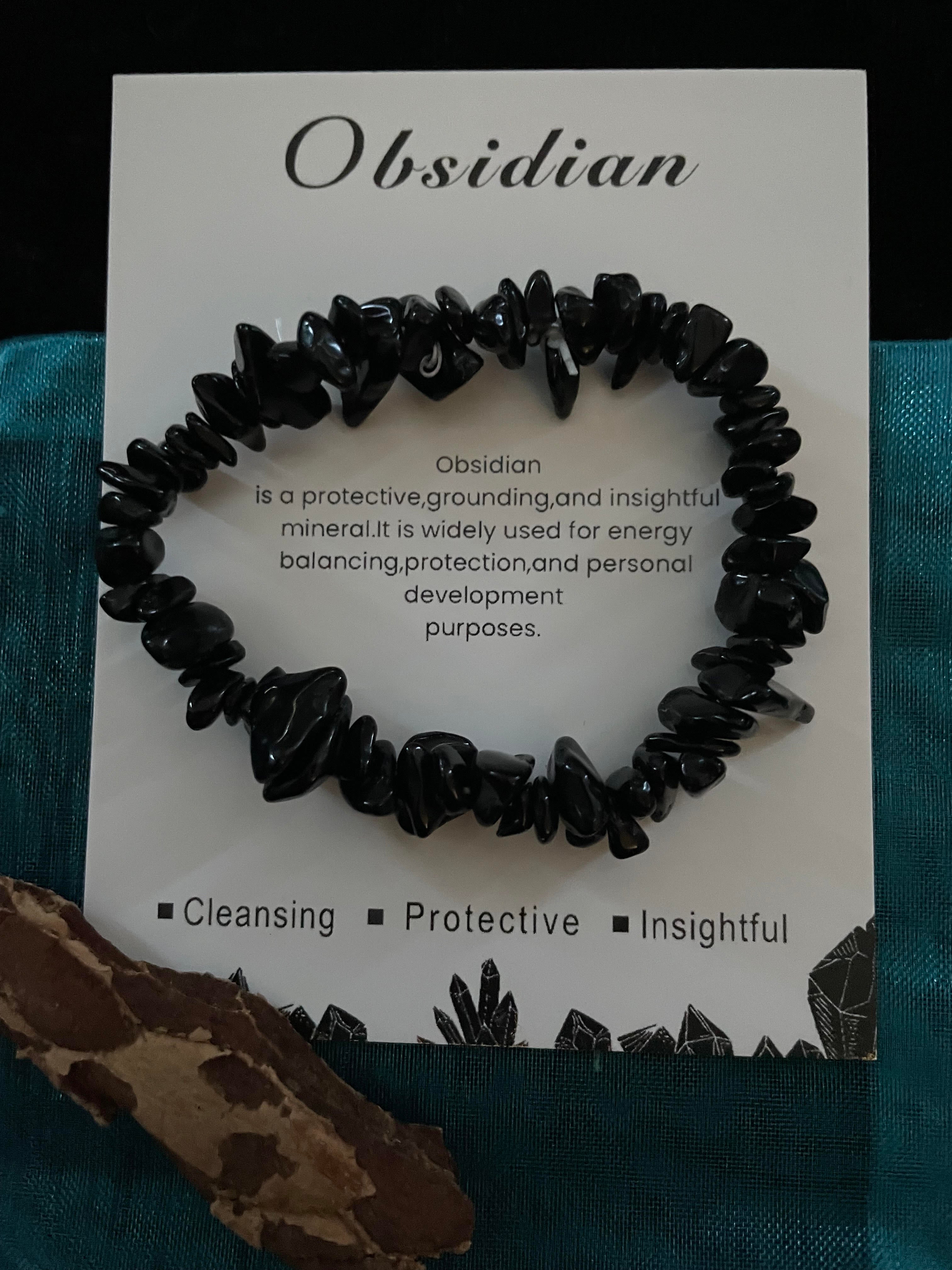 OBSIDIAN NATURAL STONE HEALING STRETCH CHIP BRACELET:  medium