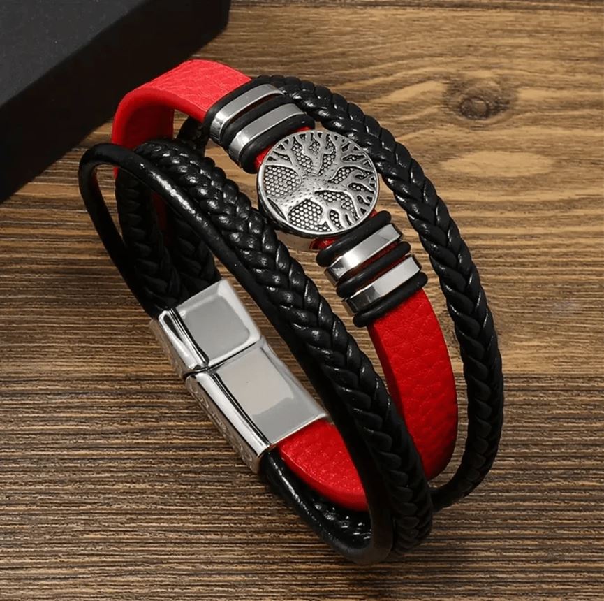MENS LEATHER BRACELET:  RED